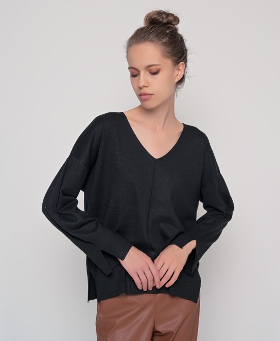 Πουλόβερ v-neck με βαμβάκι BLACK