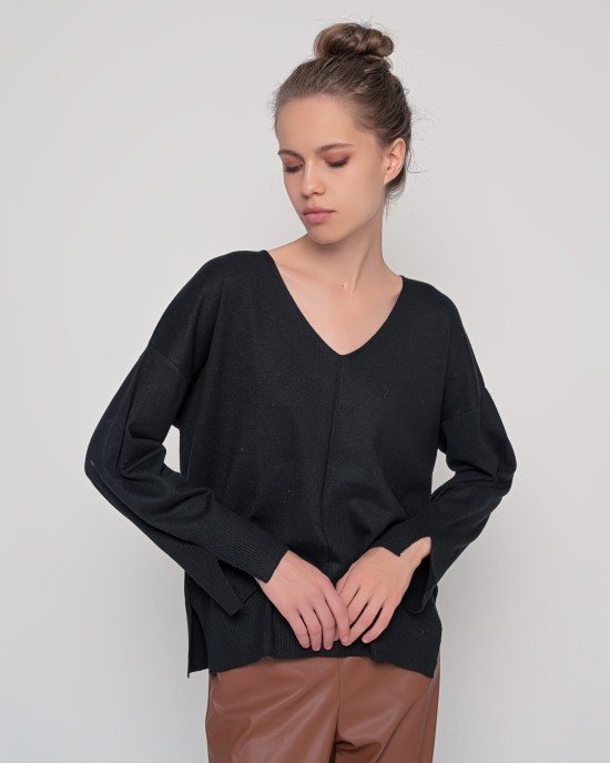 Πουλόβερ v-neck με βαμβάκι BLACK