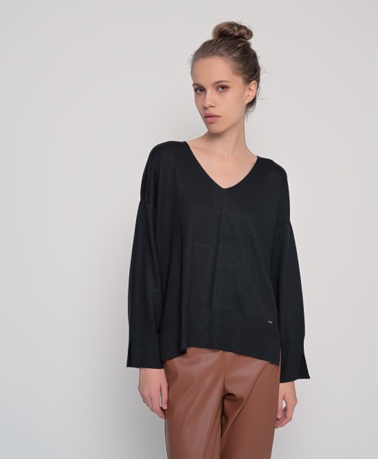 Πουλόβερ v-neck με βαμβάκι BLACK