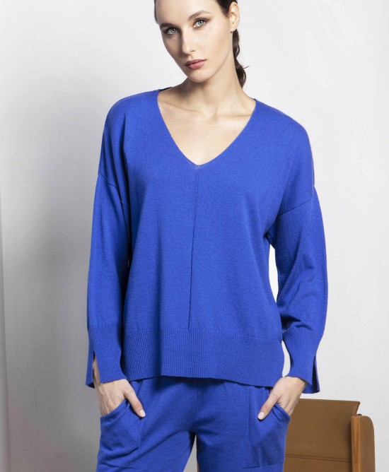 Πουλόβερ v-neck με βαμβάκι BRIGHT BLUE