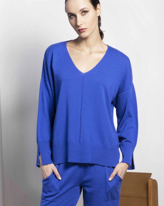 Πουλόβερ v-neck με βαμβάκι BRIGHT BLUE