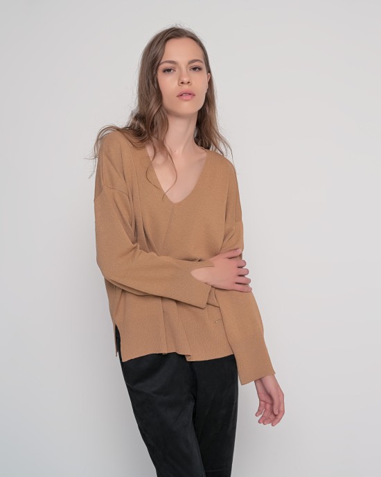 Πουλόβερ v-neck με βαμβάκι CAMEL