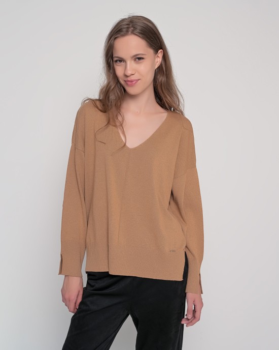 Πουλόβερ v-neck με βαμβάκι CAMEL