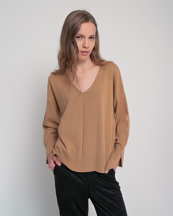 Πουλόβερ v-neck με βαμβάκι CAMEL