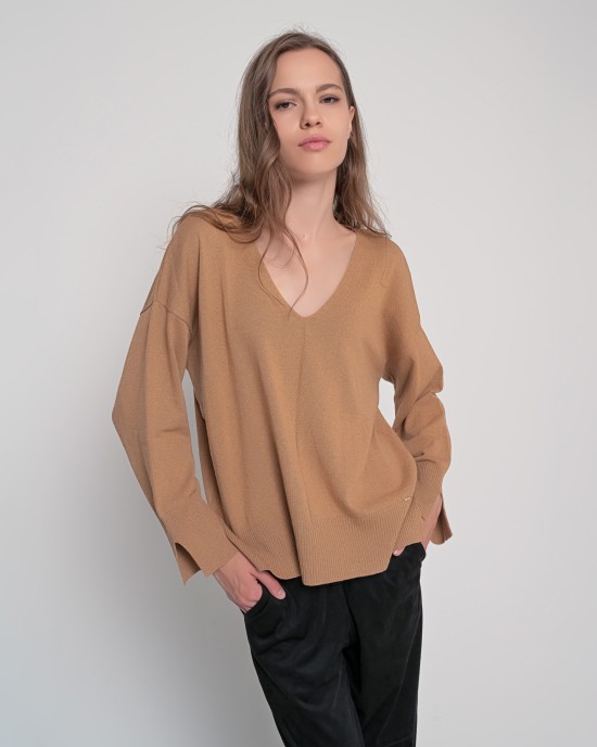 Πουλόβερ v-neck με βαμβάκι CAMEL