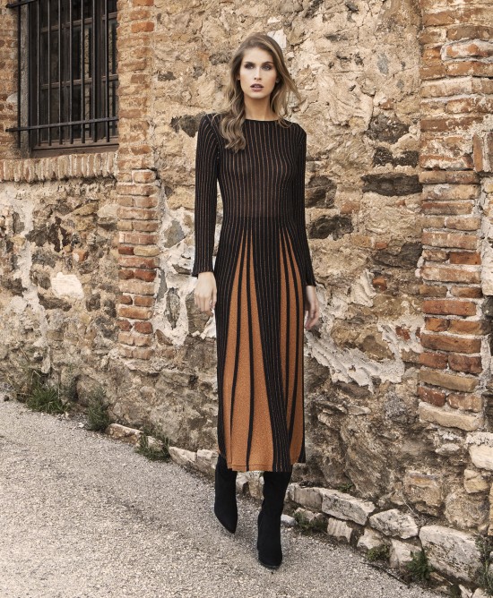 Lurex διχρωμο μίντι φόρεμα BLACK-AMBER BROWN