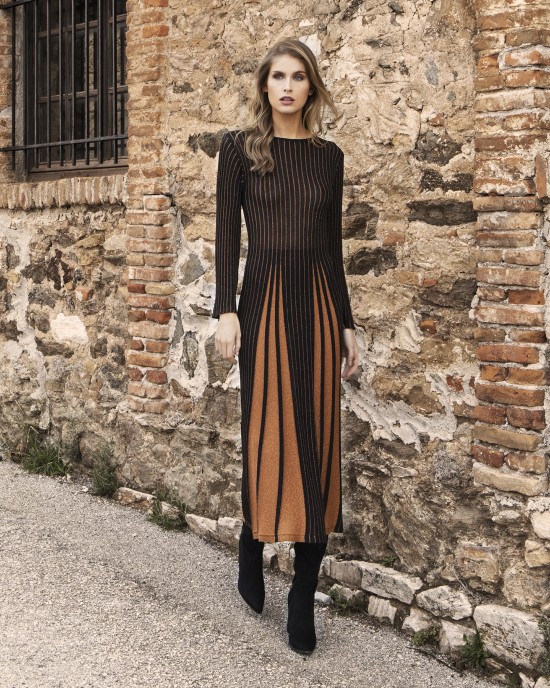 Lurex διχρωμο μίντι φόρεμα BLACK-AMBER BROWN