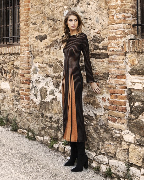 Lurex διχρωμο μίντι φόρεμα BLACK-AMBER BROWN