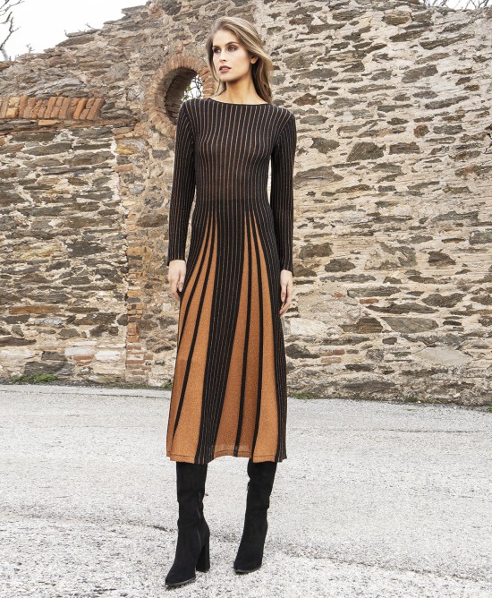 Lurex διχρωμο μίντι φόρεμα BLACK-AMBER BROWN