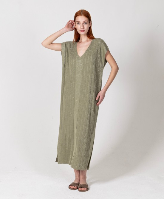 Lurex μίντι πλεκτό φόρεμα με v-λαιμό KHAKI