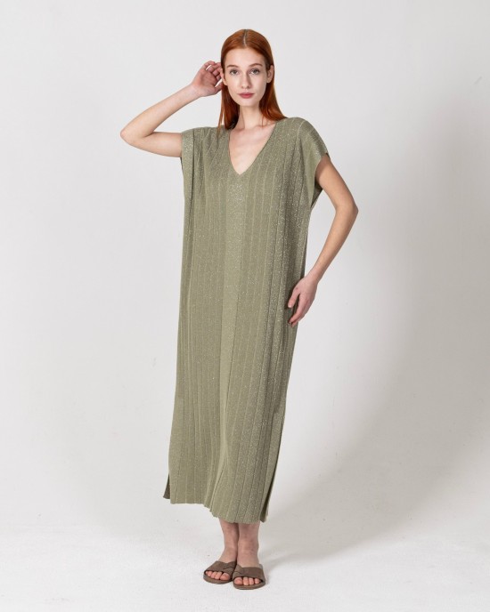 Lurex μίντι πλεκτό φόρεμα με v-λαιμό KHAKI