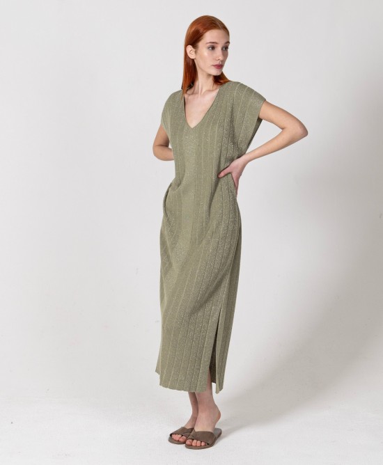 Lurex μίντι πλεκτό φόρεμα με v-λαιμό KHAKI