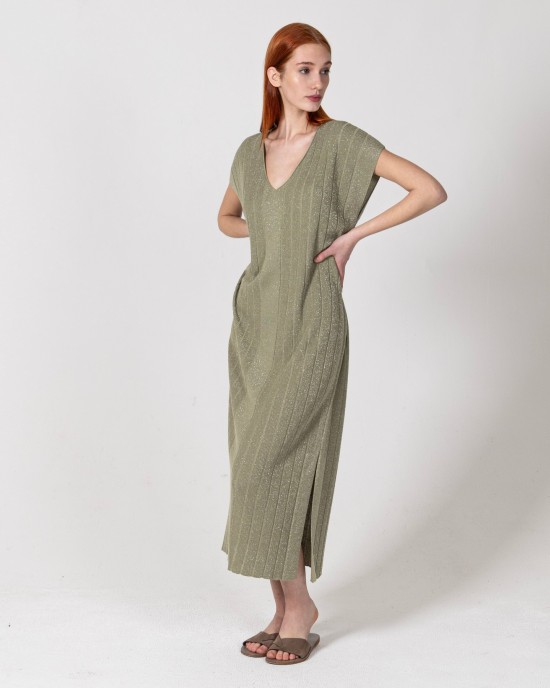 Lurex μίντι πλεκτό φόρεμα με v-λαιμό KHAKI