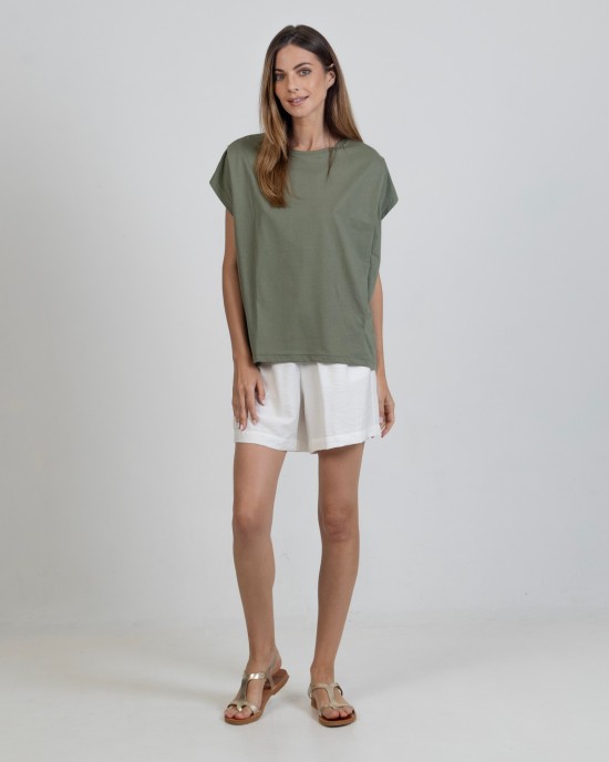 T-shirt από οργανικό βαμβάκι με πιέτες KHAKI