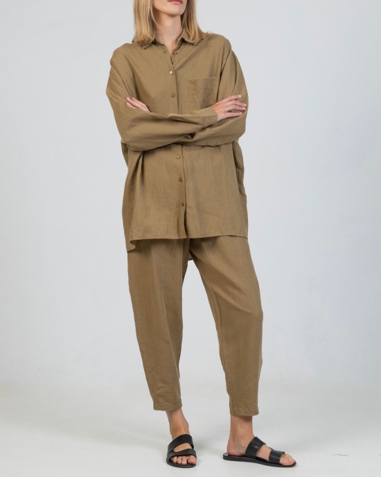 Oversized πουκάμισο με λινό OLIVE GREEN