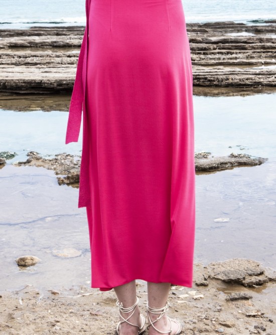 Jersey wrap μίντι φούστα με πλεκτές λεπτομέριες FUCHSIA